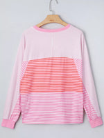 Striped Colorblock Exposed Seam Casual Long Sleeve Top