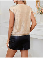 V-Neck Sequin Cap Sleeve Top - Ladyez