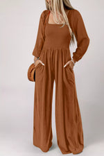 Boho Smocked Square Neck Wide Leg Jumpsuit