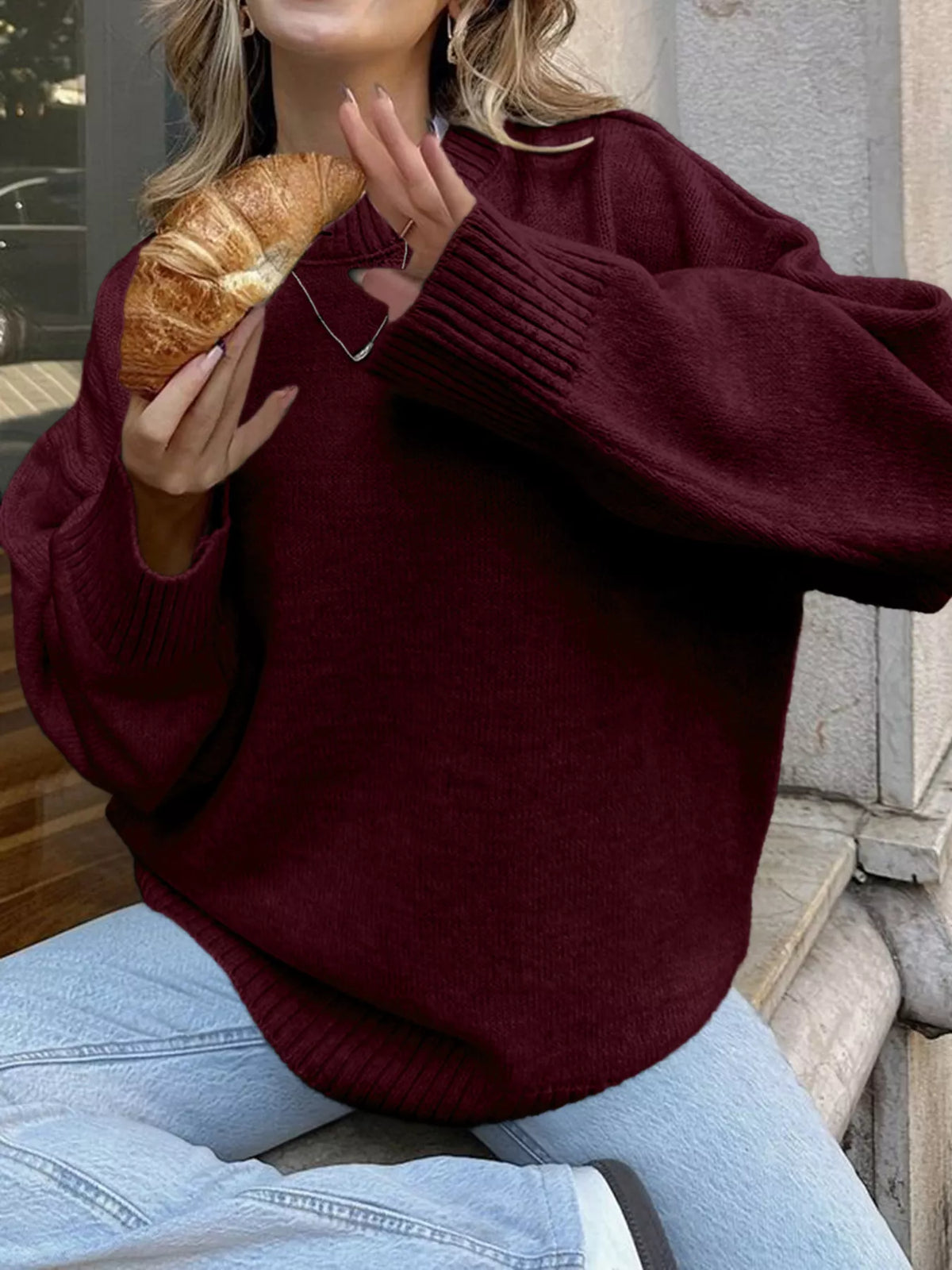 Ribbed Round Neck Dropped Shoulder Sweater