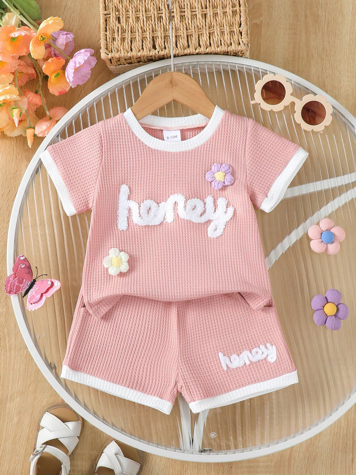 Children's Honey Flower Waffle Knit Tee and Shorts Set