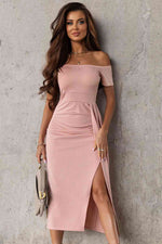 Off-Shoulder Short Sleeve Split Dress - Ladyez