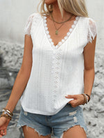 Perfee Eyelet Lace Detail V-Neck Cap Sleeve Top - Ladyez