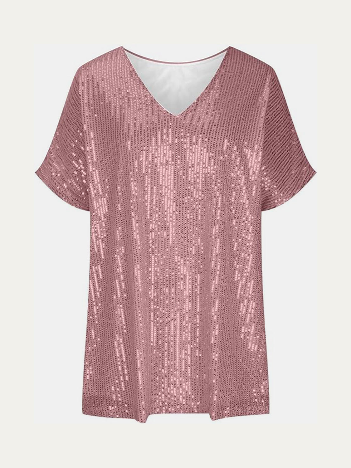 Full Size Sequin V-Neck Short Sleeve Top - Ladyez