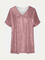 Full Size Sequin V-Neck Short Sleeve Top - Ladyez