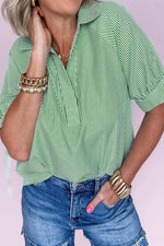 Striped Print Collared Split Neck Half Sleeve Blouse