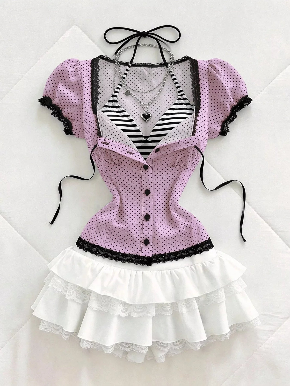 Polka Dot Lace Trim Puff Sleeve Top