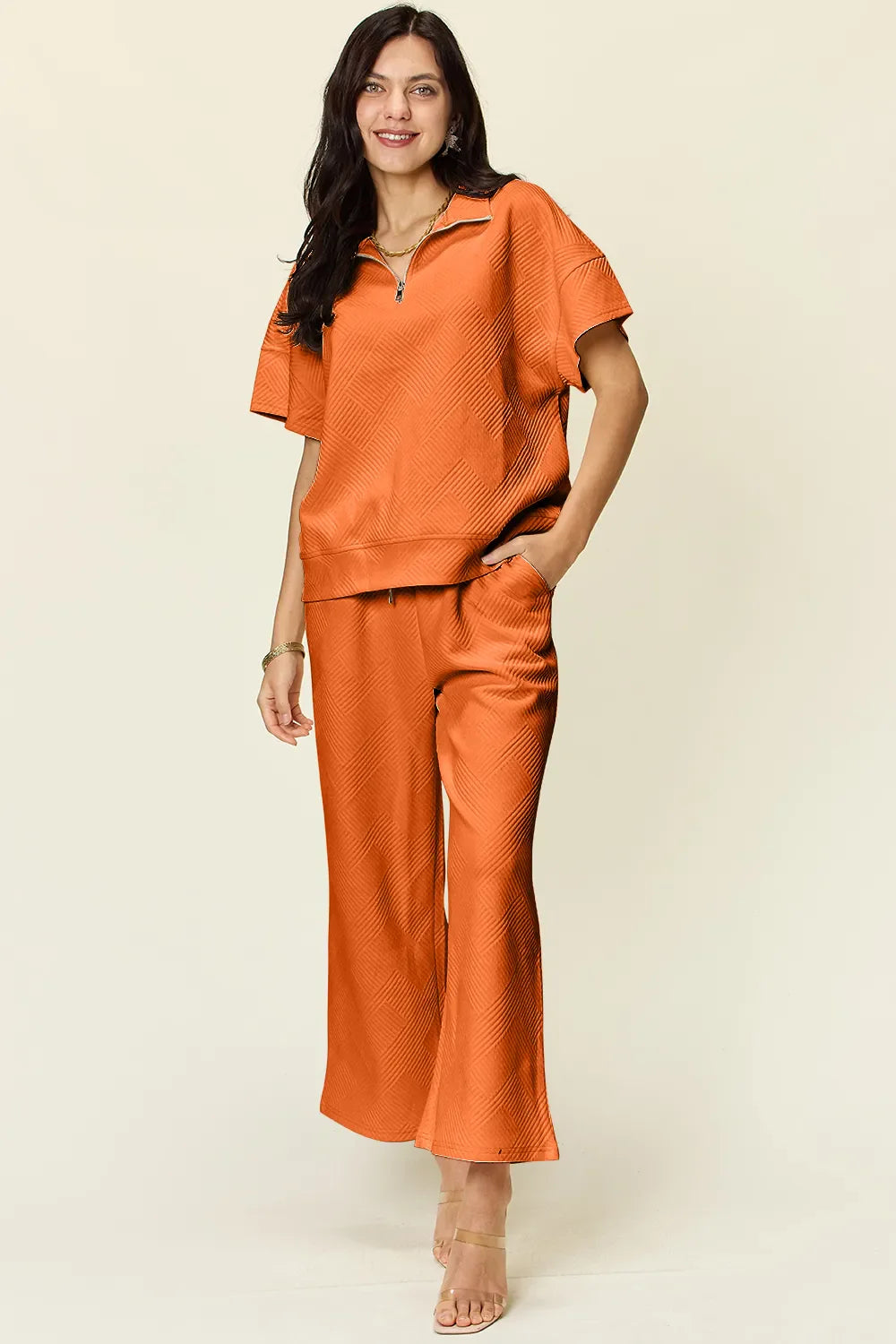 Double Take Full Size Texture Half Zip Short Sleeve Top and Pants Set