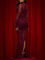 Lace Sheer Mock Neck Long Sleeve Maxi Dress