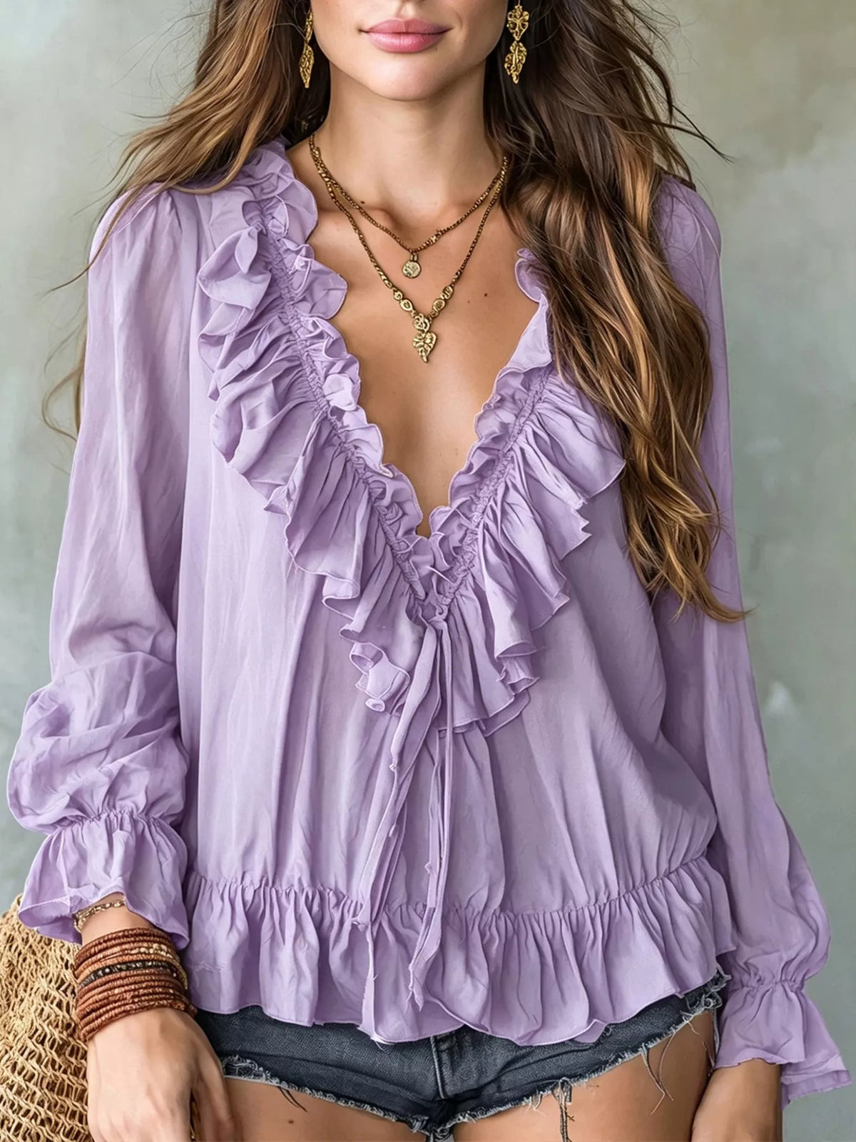 Ruffle V-Neck Long Sleeve Blouse