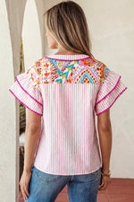 Mixed Print Contrast Trim Striped Patchwork Tiered Short Sleeve Blouse