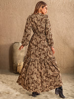 Ruched Printed Notched Long Sleeve Maxi Dress - Ladyez