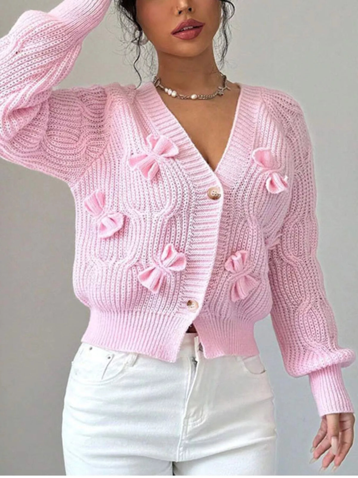 Bow Cable Knit V-Neck Cardigan