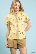 Umgee Printed Ruffle Trim Button Front Blouse