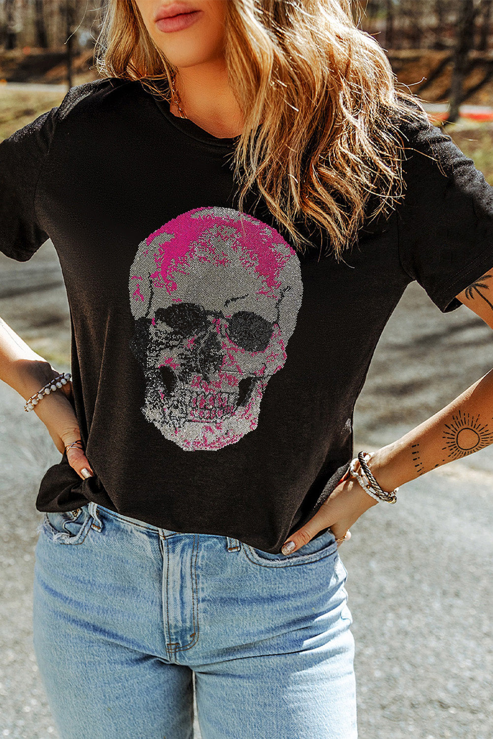Skull Round Neck Short Sleeve T-Shirt - Ladyez