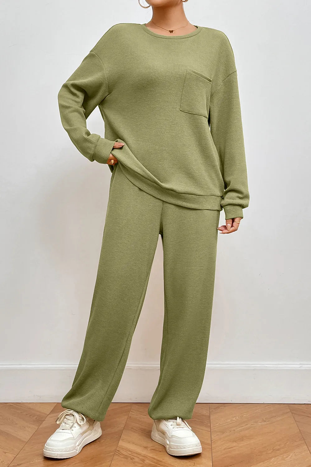 Pocketed Round Neck Top and Pants Lounge Set - Ladyez