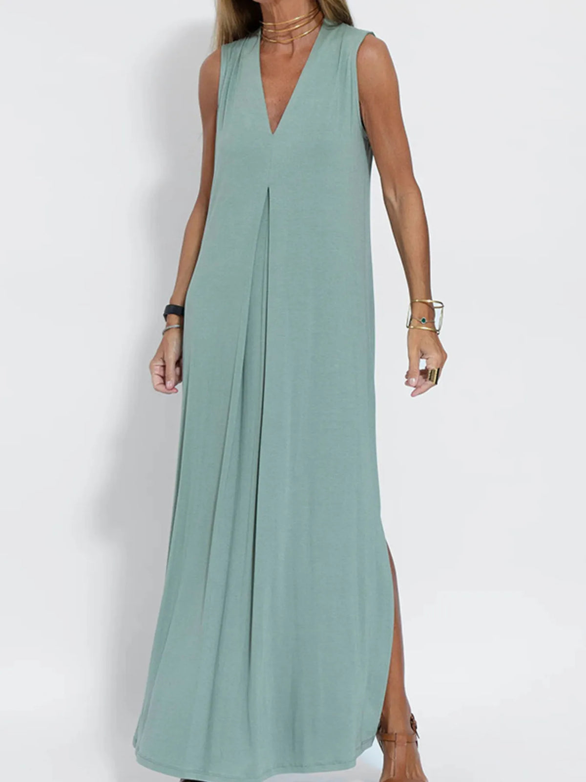 Full Size V-Neck Sleeveless Maxi Dress with Slit Plus Size - Ladyez