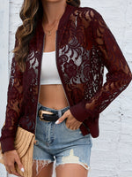 Sheer Lace Zip Up Long Sleeve Jacket - Ladyez