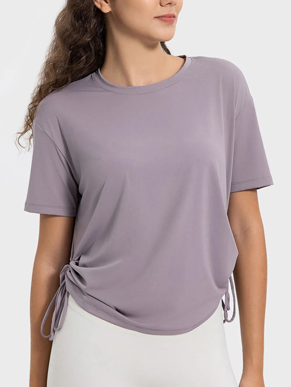 Millennia Drawstring Round Neck Short Sleeve Active T-Shirt - Ladyez