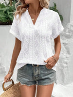 Openwork Notched Short Sleeve Blouse