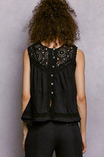 POL Round Neck Sleeveless Top with Crochet Contrast