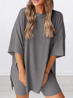 Full Size Oversized Slit Round Neck Top and Shorts Lounge Set Plus Size - Ladyez