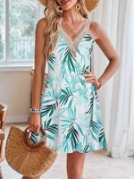 Tropical Leaf Print V-Neck Sleeveless Dress