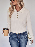 Perfee Collared Neck Buttoned Long Sleeve Top