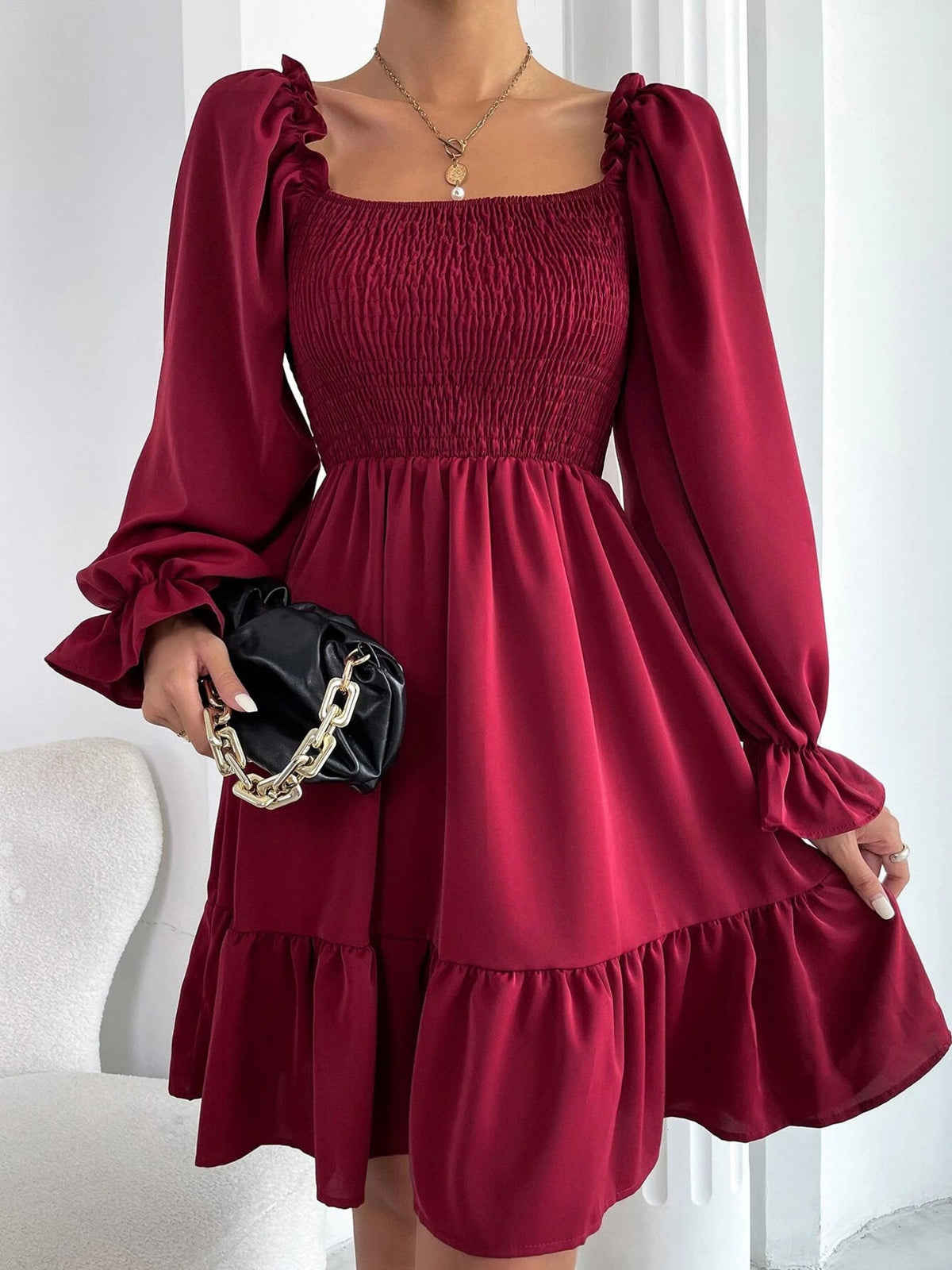 Smocked Flounce Sleeve Mini Dress