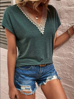 Full Size Lace Detail V-Neck Short Sleeve T-Shirt - Ladyez