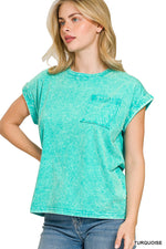 Zenana Full Size Crinkle Washed Round Neck Folded Short Sleeve Tee Plus Size