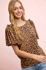 BiBi Leopard Printed Spandex Jersey Ruffle Sleeve Top