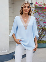 V-Neck Lace Trim Blouse - Ladyez