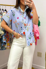 Floral Striped Patchwork Ruffled Collar Short Sleeve Shirt