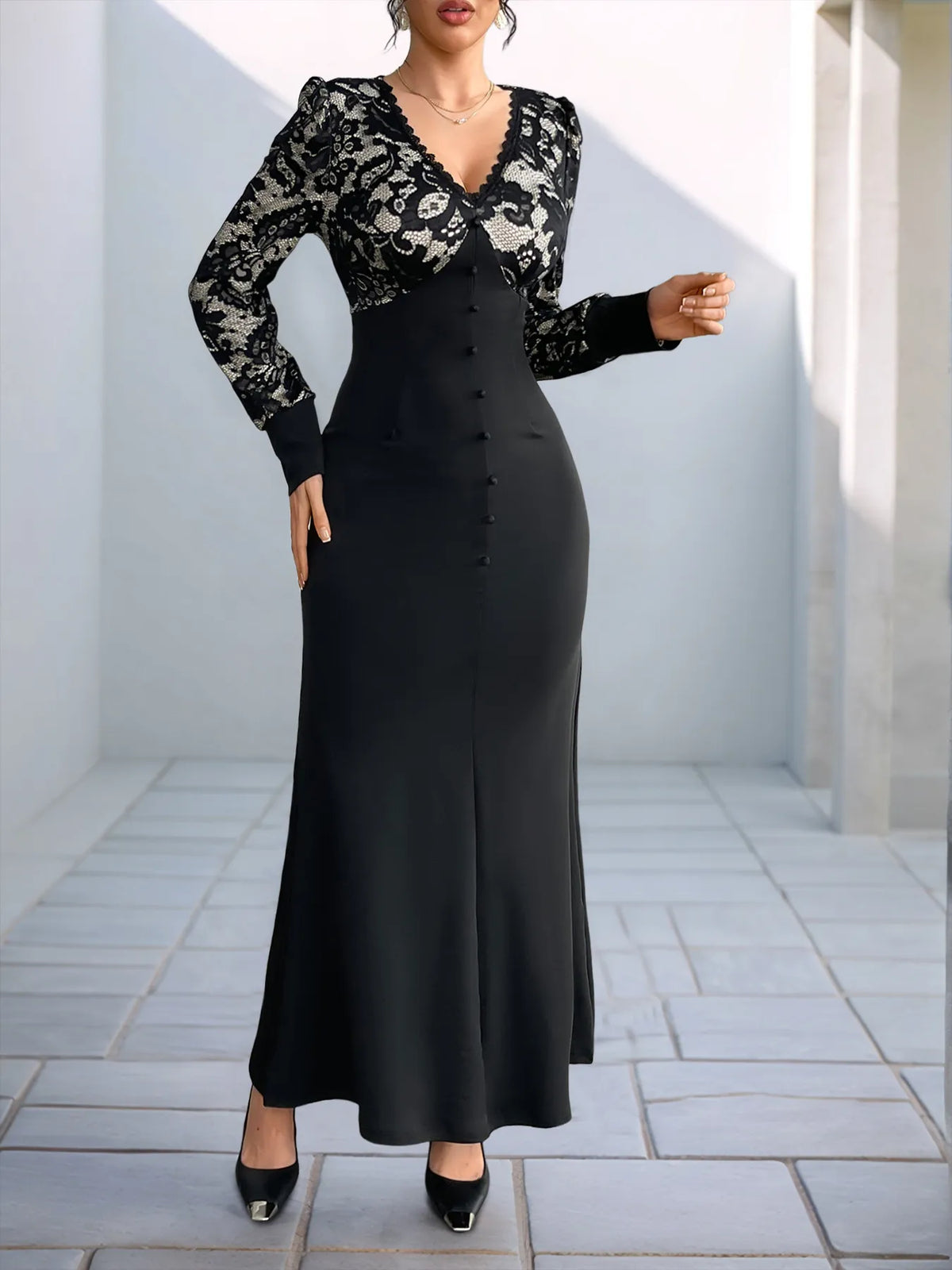 Lace V-Neck Long Sleeve Maxi Dress - Ladyez