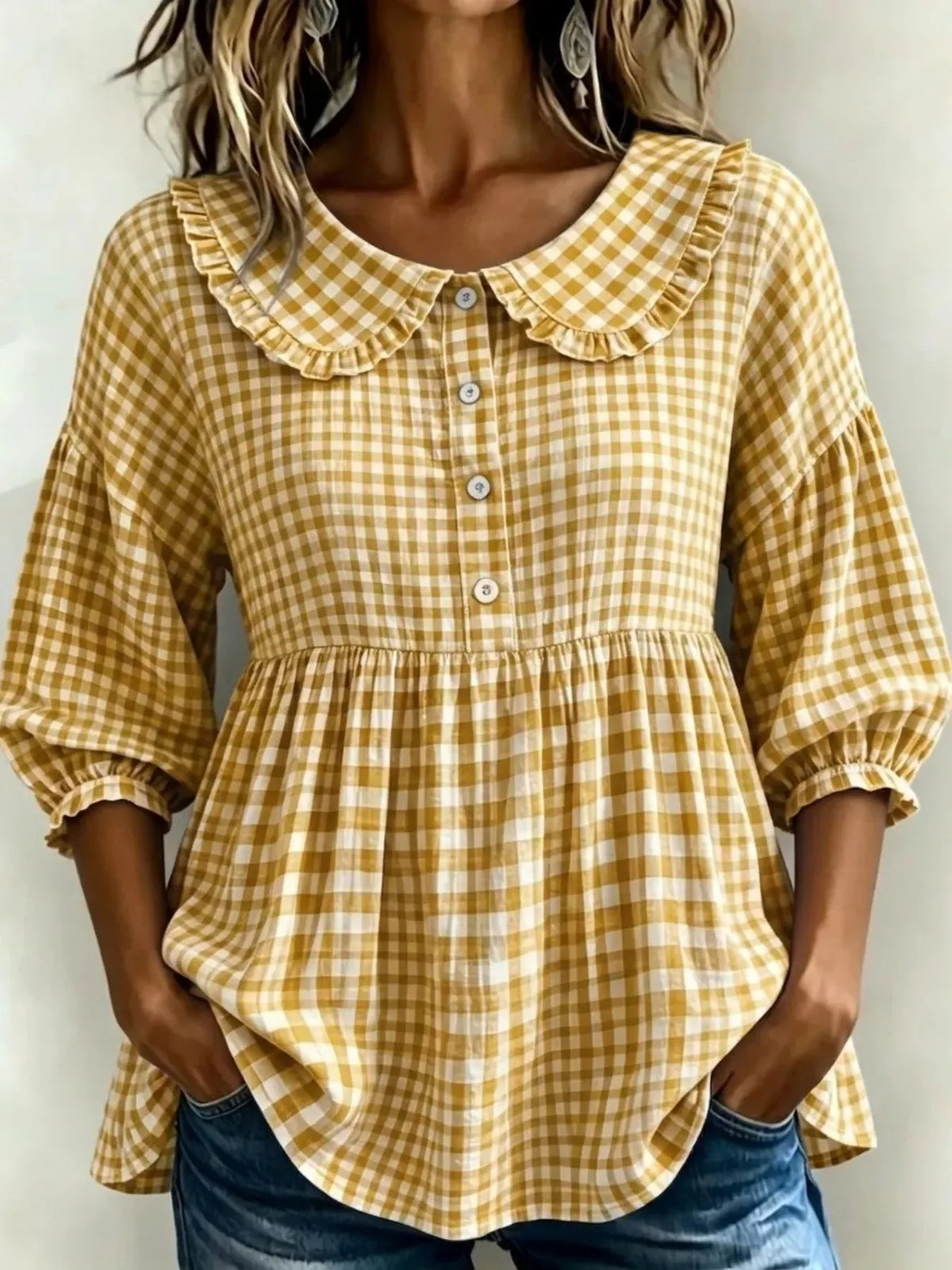 Full Size Gingham Peter Pan Collar Blouse Plus Size