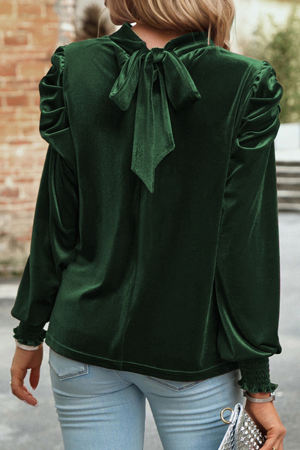 Tie Up Mock Neck Velvet Fabric Long Sleeve Blouse - Ladyez