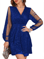 Sparkling Surplice Balloon Sleeve Mini Dress - Ladyez