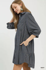 Umgee Plaid Button Down Oversized Shirt Dress