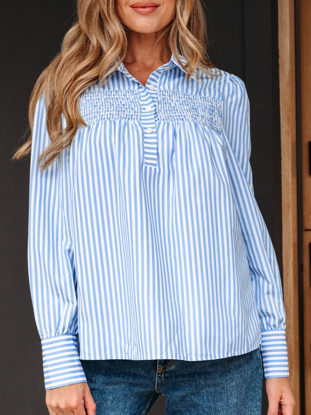 Stripe Shirred Detail Half Placket Collared Long Sleeve Shirt