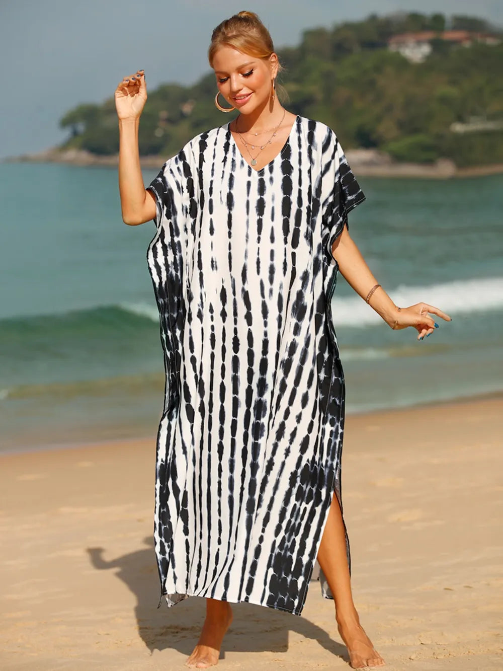 Tie-Dye V-Neck Half Sleeve Cover-Up - Ladyez