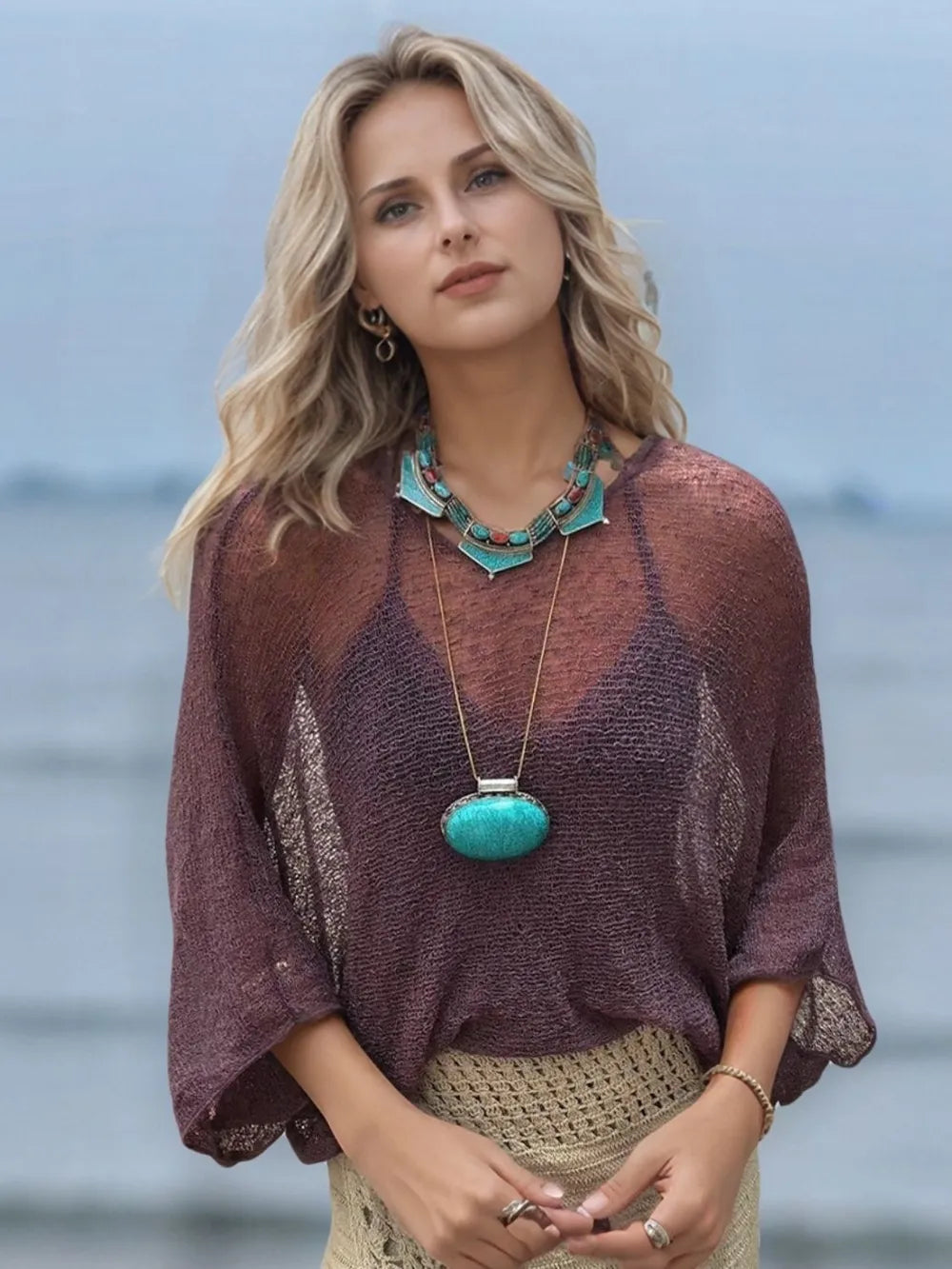 Round Neck Long Sleeve Cover-Up - Ladyez