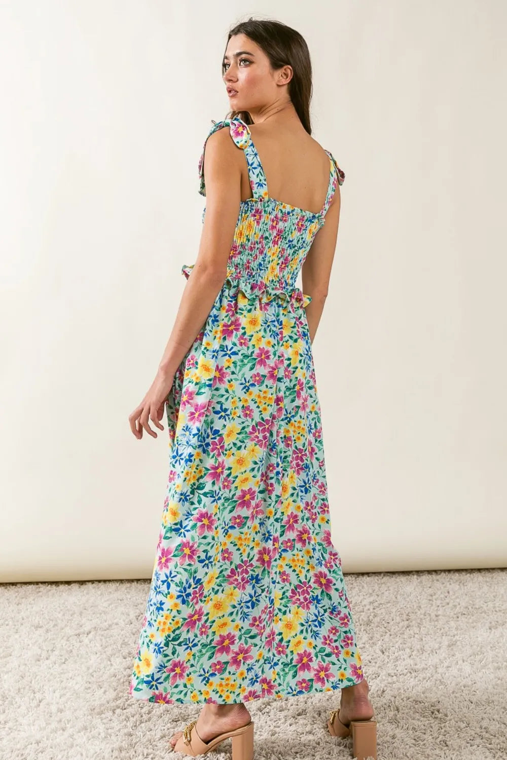 BiBi Floral Ruffle Trim Smocked Cami Dress - Ladyez