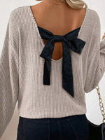 Ribbed V Neck Contrast Ribbon Bow Back Drop Shoulder Long Sleeve Top