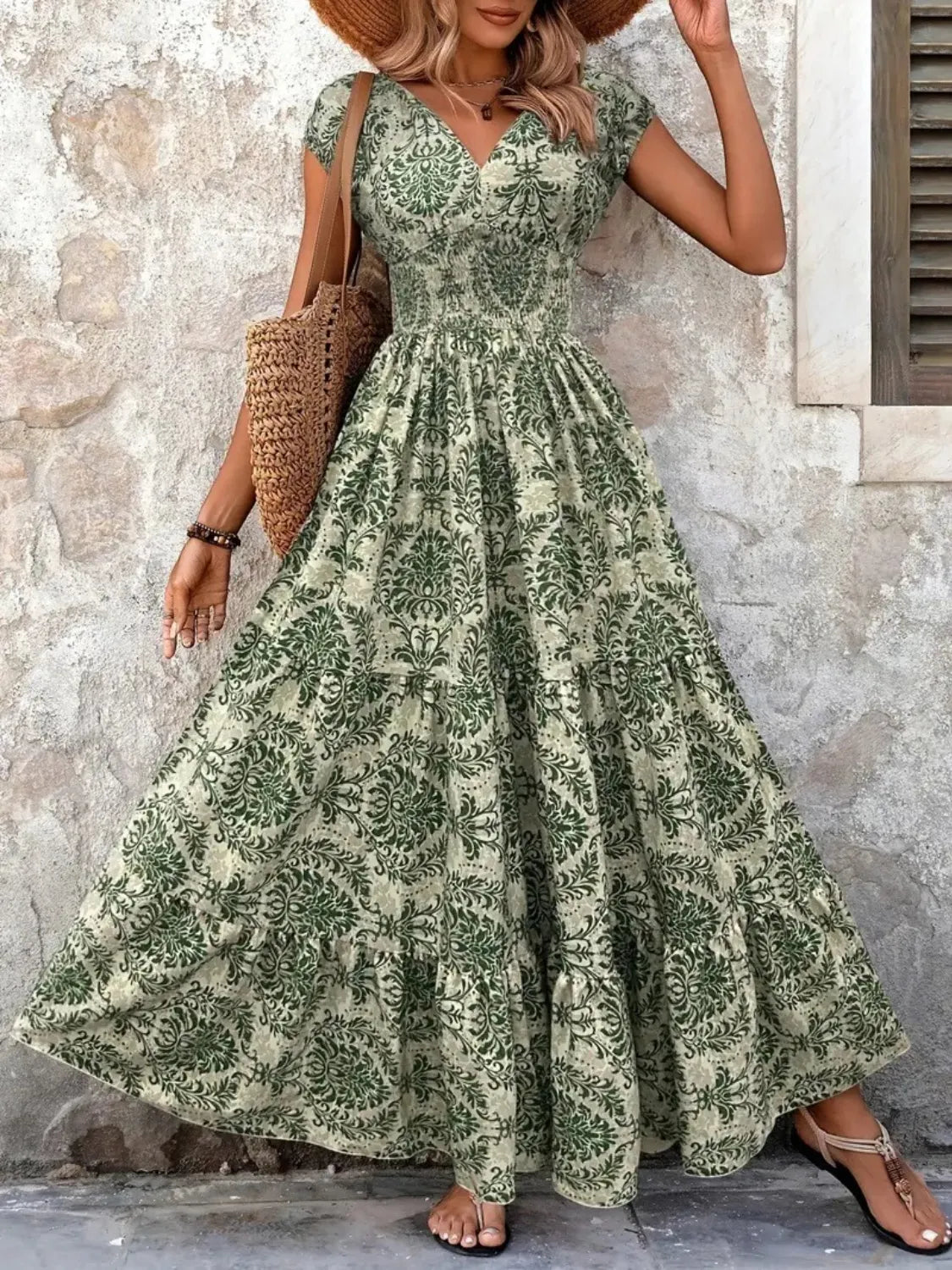 Vintage Floral Cap Sleeve Maxi Dress - Ladyez