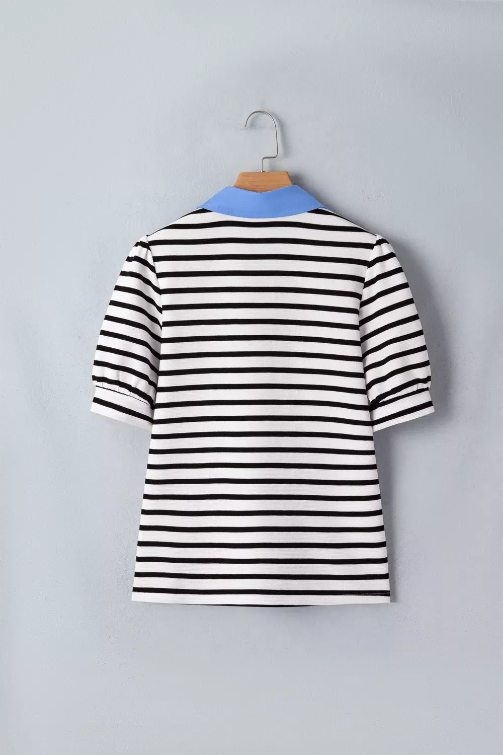 Striped Puff Sleeve Blouse with Contrast Collar