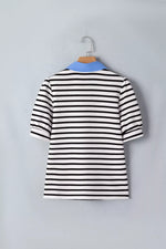 Striped Puff Sleeve Blouse with Contrast Collar