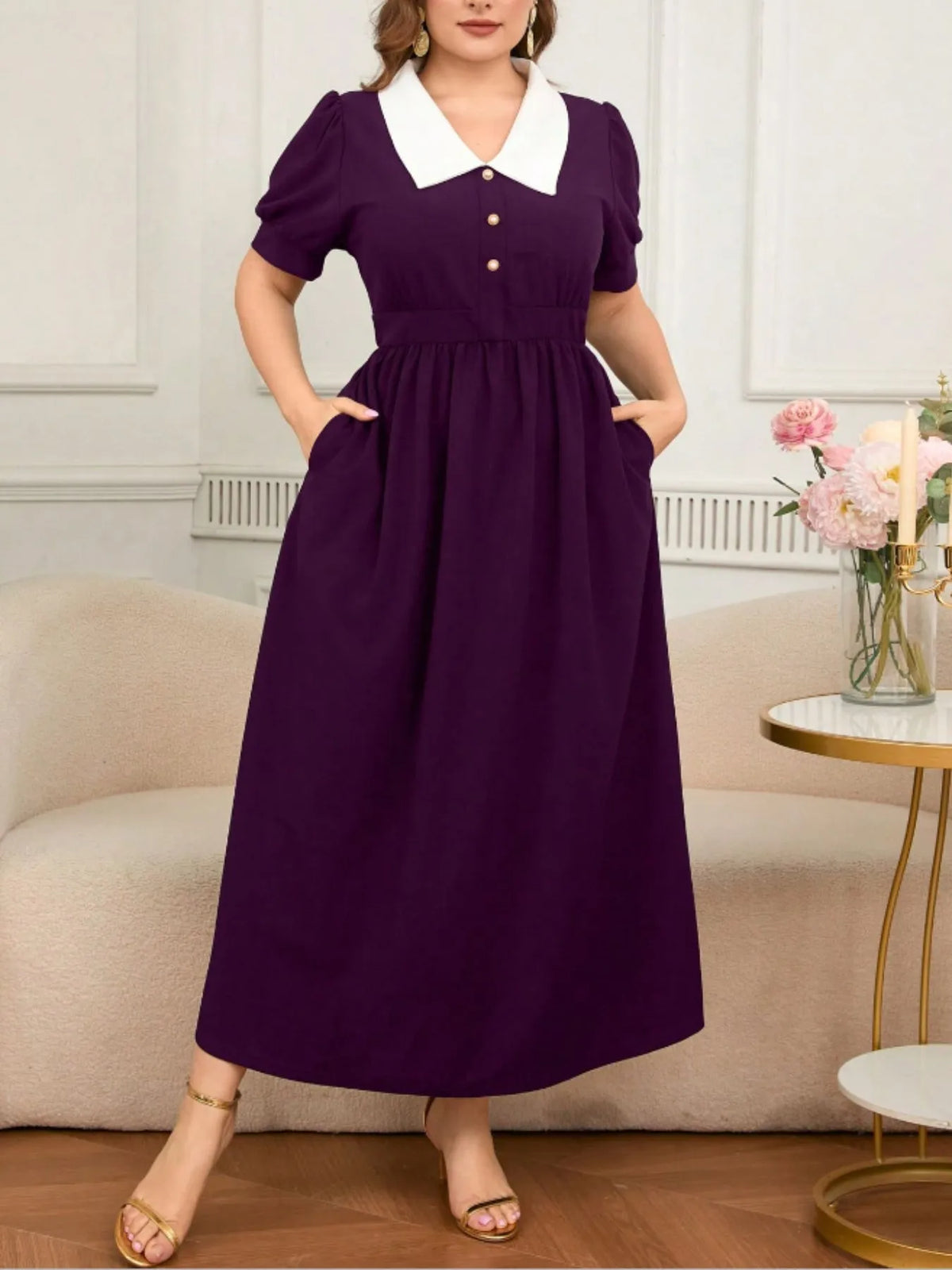Plus Size Contrast Collar Short Sleeve Dress - Ladyez