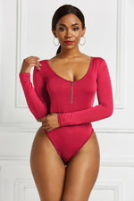 Half Zip Scoop Neck Long Sleeve Bodysuit - Ladyez