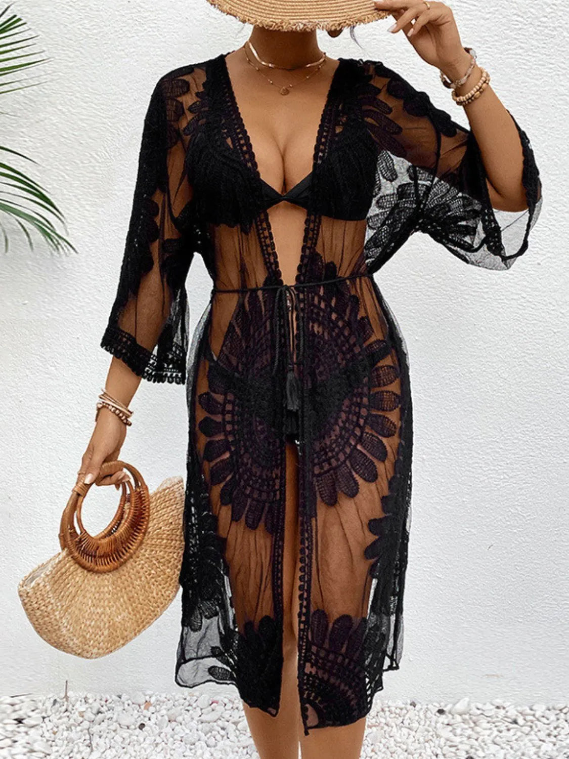 Lace Open Front Longline Cover-Up - Ladyez